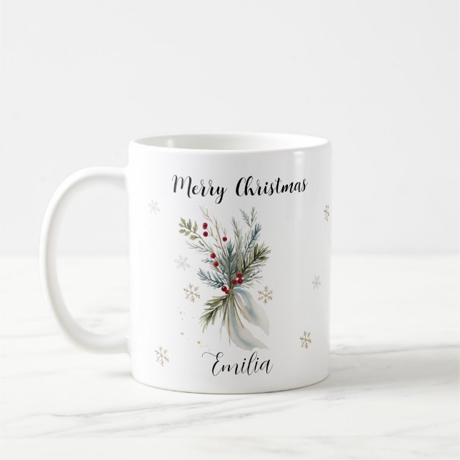 Vattenfärgen Rustic Gräs Blommigt God jul Namn Kaffemugg (Vänster)