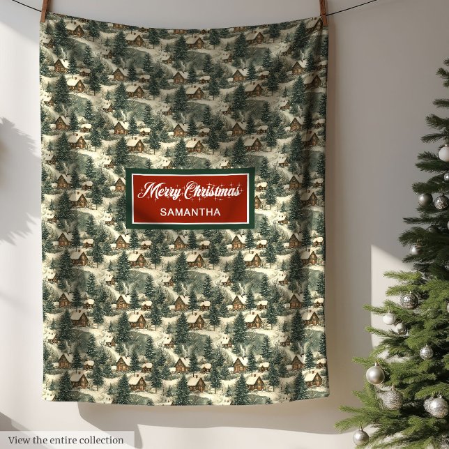 Vattenfärgen Rustic Jul Farmhouse Village Fleecefilt (Watercolor Rustic Christmas Farmhouse Village Fleece Blanket)