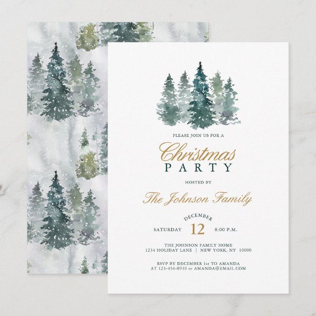 Vattenfärgen Rustic Spruce Gräs Träd, Party Inbjudningar (Fram/baksida)