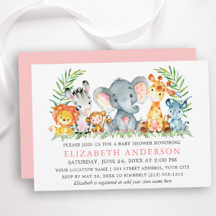 Vattenfärgen Safari Animals Baby Shower Rosa Inbjudningar