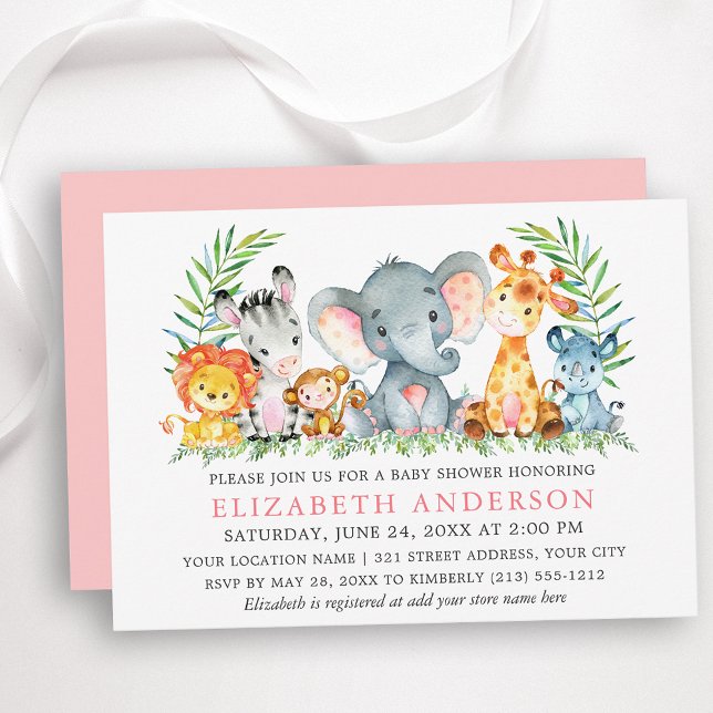 Vattenfärgen Safari Animals Baby Shower Rosa Inbjudningar (Customize to change text color, size, text style or change color of back of card.)