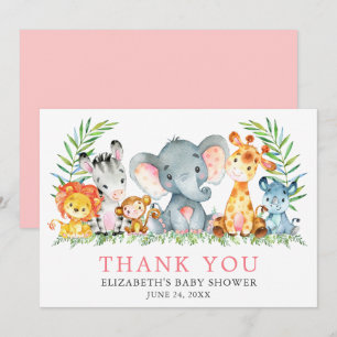 Vattenfärgen Safari Animals Baby Shower Rosa Tack Kort