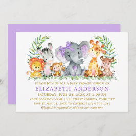Vattenfärgen Safari Animals Baby Shower Violet Bow Inbjudningar