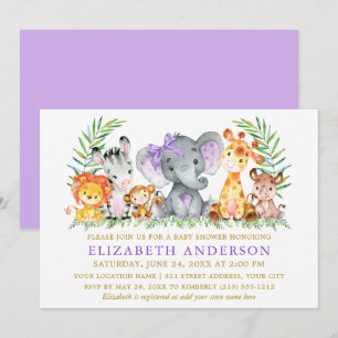 Vattenfärgen Safari Animals Baby Shower Violet Bow Inbjudningar