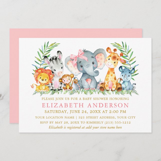 Vattenfärgen Safari Animals Babyskor Rosa Bow Inbjudningar (Fram/baksida)