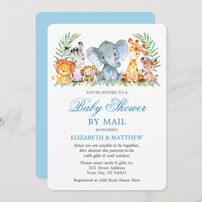 Vattenfärgen Safari Animals Blue Shower by Mail Inbjudningar (Fram/baksida)