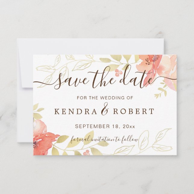 Vattenfärgen Salmon Rosa ros & Guld Foliage Spara  Spara Datumet (Framsida)