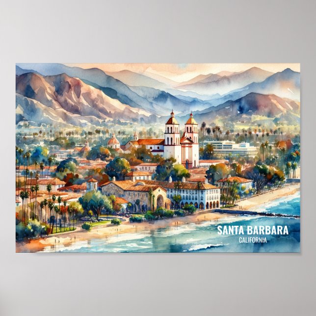Vattenfärgen Santa Barbara California Travel Ställ Poster (Framsidan)