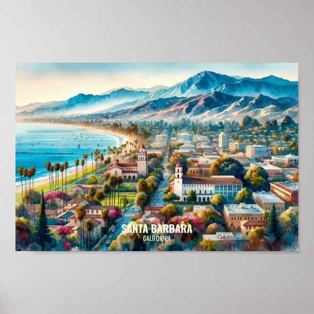 Vattenfärgen Santa Barbara California Travel Ställ Poster (Framsidan)