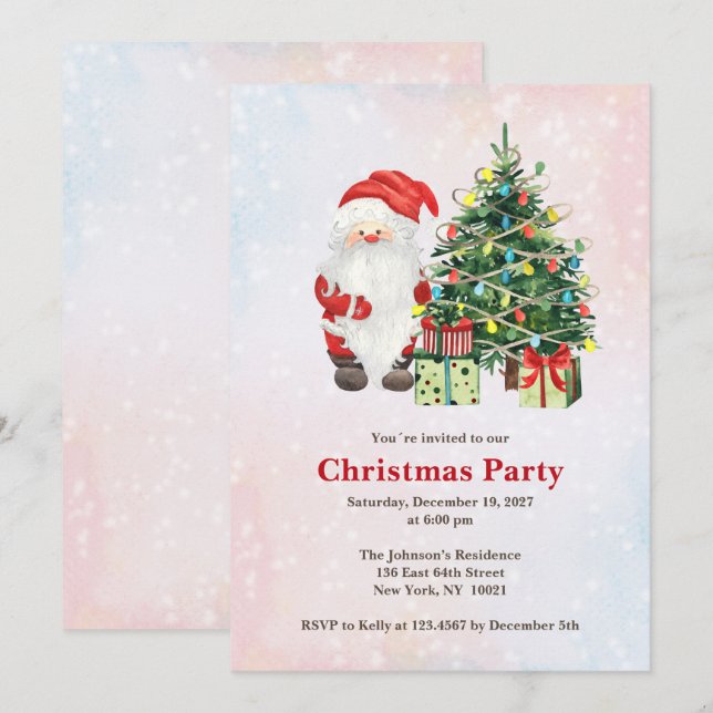 Vattenfärgen Santa och Julgran med gåvor Inbjudningar (Fram/baksida)
