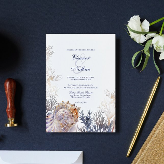 Vattenfärgen Seashell Corals Bröllop Inbjudningar (Skapare uppladdad)