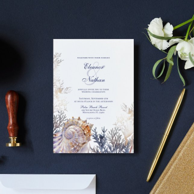Vattenfärgen Seashell Corals Bröllop Inbjudningar (Skapare uppladdad)