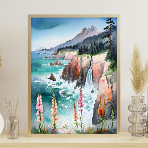 Vattenfärgen Serene Coastal Ligcape Wildblomma Poster
