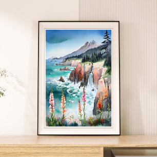Vattenfärgen Serene Coastal Ligcape Wildblomma Poster