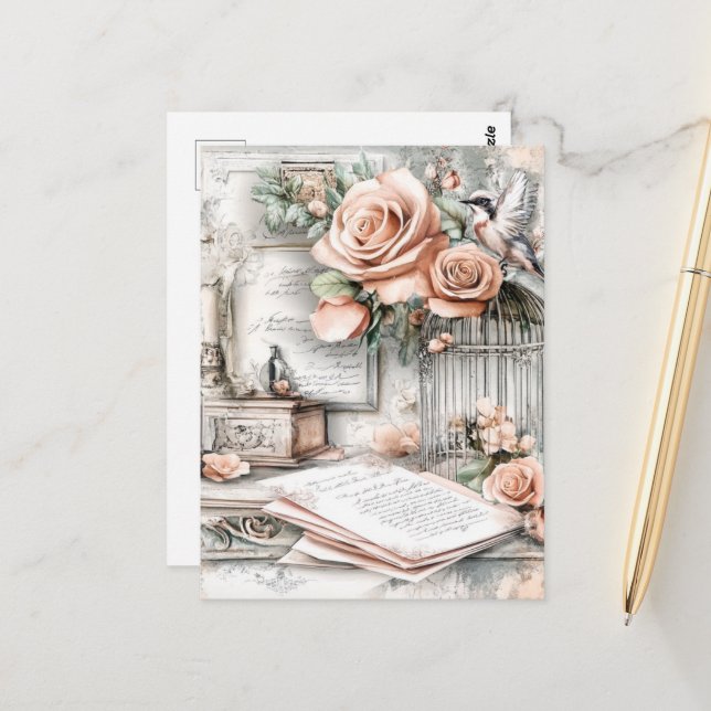 Vattenfärgen Shabby chic Bird Cage & Ro Vykort (Fram/Back In Situ)