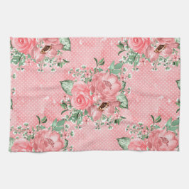 Vattenfärgen Shabby chic Rosa ros och Polka dots Kökshandduk