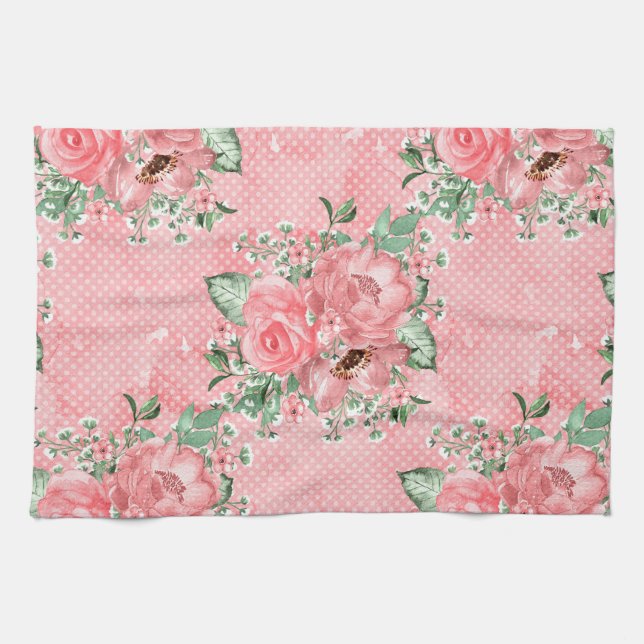 Vattenfärgen Shabby chic Rosa ros och Polka dots Kökshandduk (Horisontell)