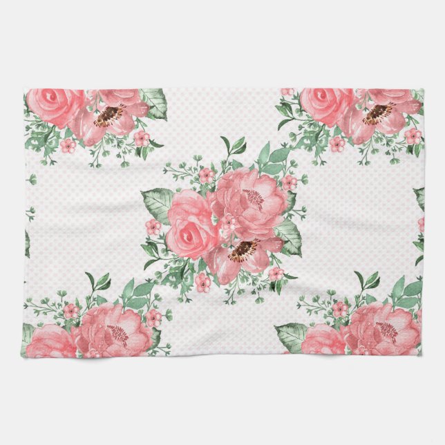 Vattenfärgen Shabby chic Rosa ros och Polka dots Kökshandduk (Horisontell)