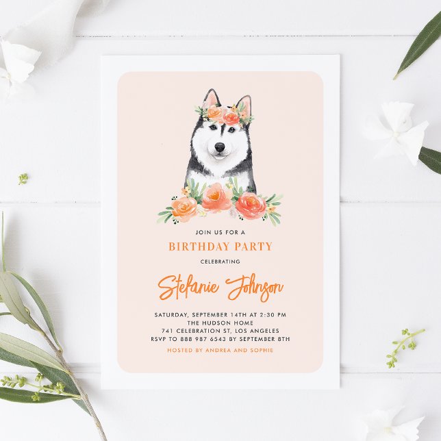 Vattenfärgen Siberian husky Peach Blommigt Birthda Inbjudningar (Skapare uppladdad)