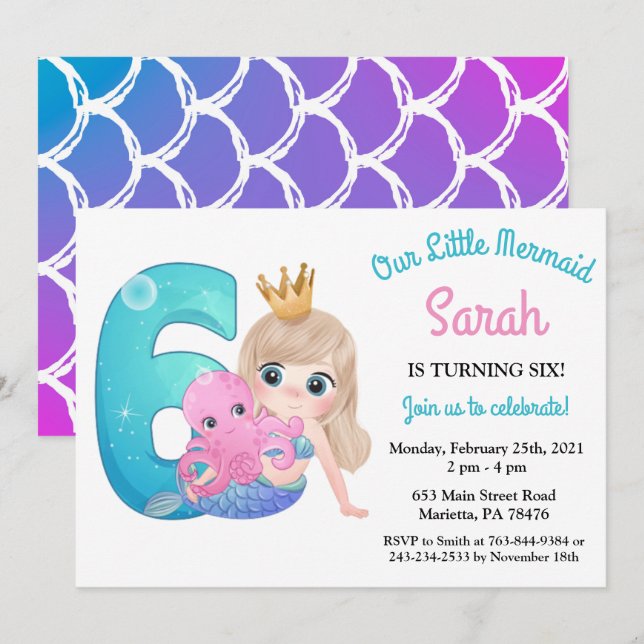 Vattenfärgen Sjöjungfru 6e Födelsedagsfest inbjuda Inbjudningar (Fram/baksida)