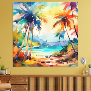 Vattenfärgen Sol genom palmstranden Canvastryck
