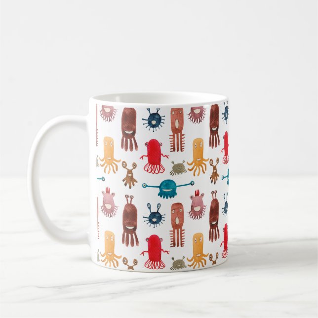 Vattenfärgen, sömlös mönster av roliga monster och kaffemugg (Vänster)