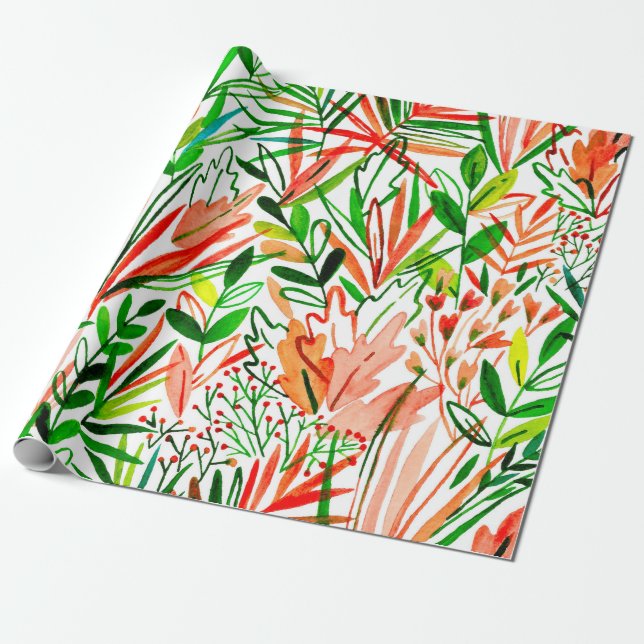 Vattenfärgen sömlös mönster med exotisk löv och presentpapper (Utrullad)