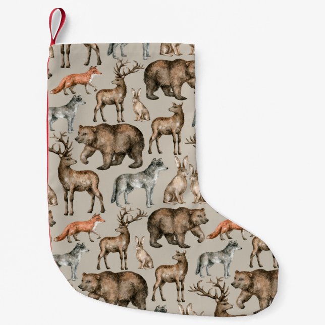 Vattenfärgen sömlös mönster med vild skogsanimerin liten julstrumpa (Framsidan)