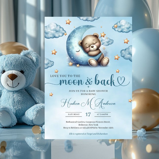 Vattenfärgen sömnig baby med blå måne-guld-stjärno inbjudningar (love you to the moon and back - boy baby shower invitation)