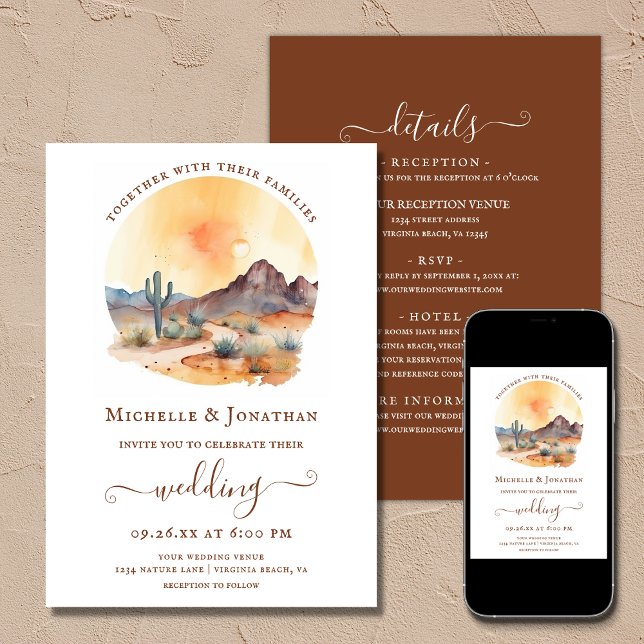 Vattenfärgen Southwest Desert allt i ett Bröllop Inbjudningar (Printed (Front and Back) and Digital - Watercolor Southwestern Desert All In One Wedding Invitation)