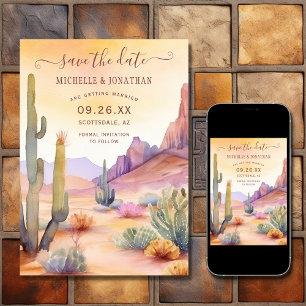 Vattenfärgen Southwest Desert och Cactus Bröllop Spara Datumet