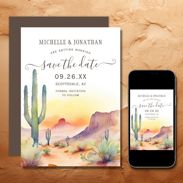Vattenfärgen Southwest Desert och Cactus Bröllop Spara Datumet (Printed and Digital - Watercolor Southwestern Desert and Cactus Wedding Save The Date)