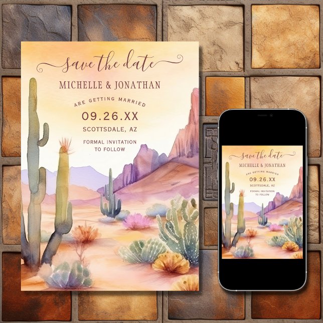 Vattenfärgen Southwest Desert och Cactus Bröllop Spara Datumet (Printed and Digital - Watercolor Southwestern Desert and Cactus Wedding Save The Date)