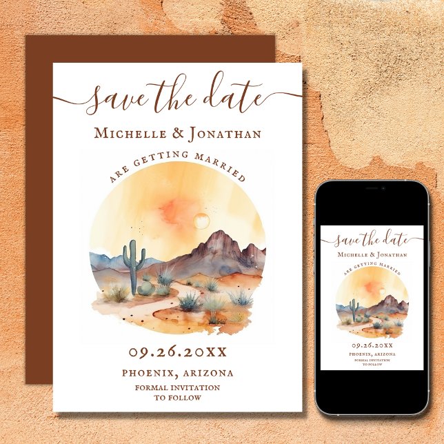 Vattenfärgen Southwest Desert och Cactus Bröllop Spara Datumet (Printed and Digital - Watercolor Southwestern Desert and Cactus Wedding Save The Date)
