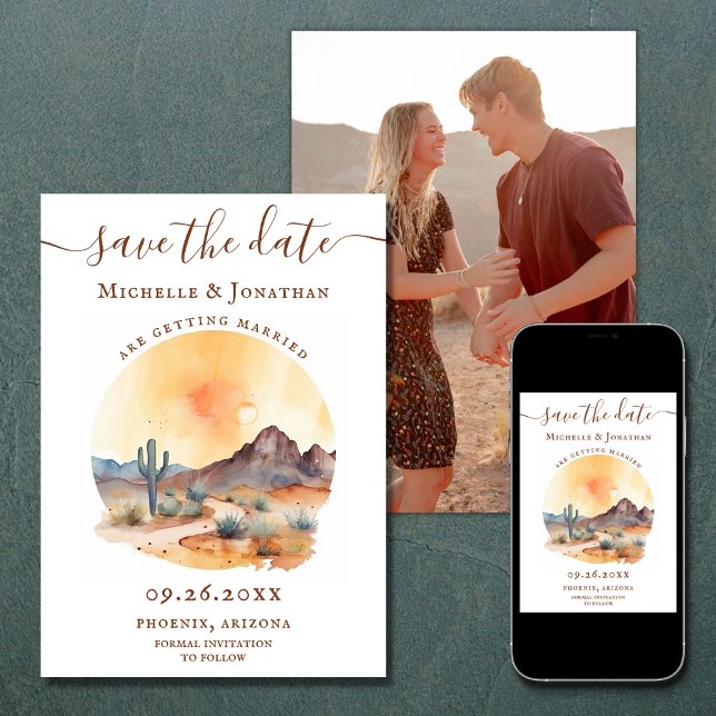 Vattenfärgen Southwest Desert PHOTO Bröllop Spara Datumet (Printed and Digital - Watercolor Southwestern Desert PHOTO Wedding Save The Date)
