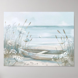 vattenfärgen stil vit båt på stranden poster