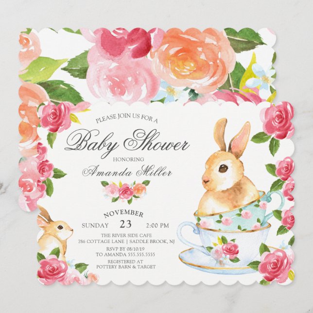 Vattenfärgen Sweet Bunny Baby Shower Tea Party Inbjudningar (Fram/baksida)