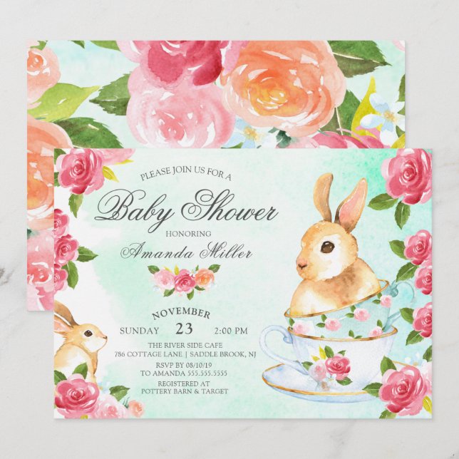 Vattenfärgen Sweet Bunny Baby Shower Tea Party Inbjudningar (Fram/baksida)