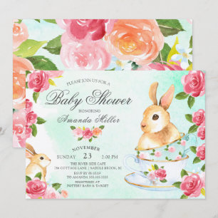 Vattenfärgen Sweet Bunny Baby Shower Tea Party Inbjudningar