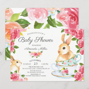 Vattenfärgen Sweet Bunny Baby Shower Tea Party Inbjudningar