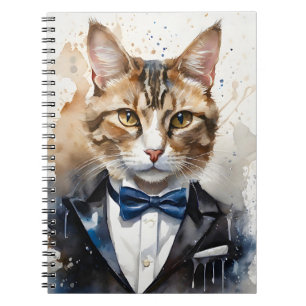 Vattenfärgen Tabby katt i ett Tuxedo- och Blue Bow Anteckningsbok