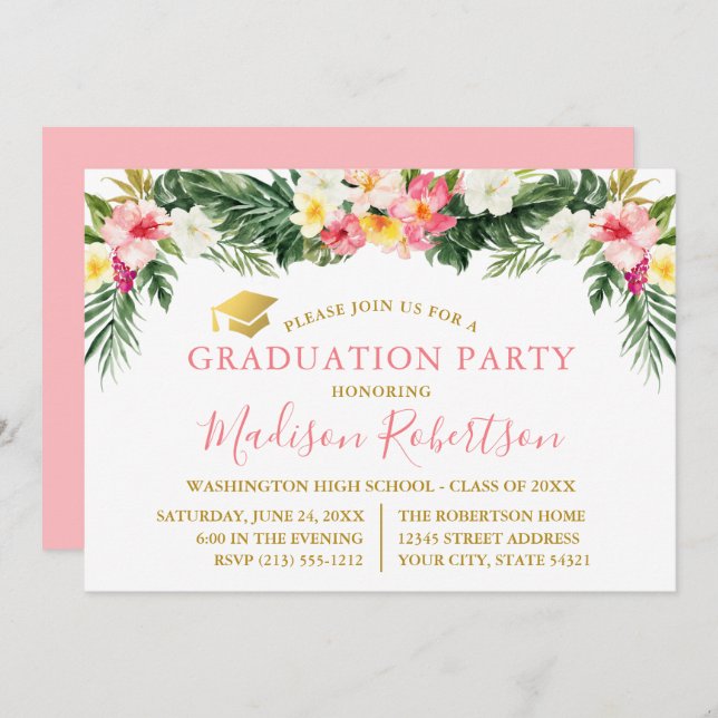 Vattenfärgen Tropical Blommigt Rosa Guld Grad Part Inbjudningar (Fram/baksida)