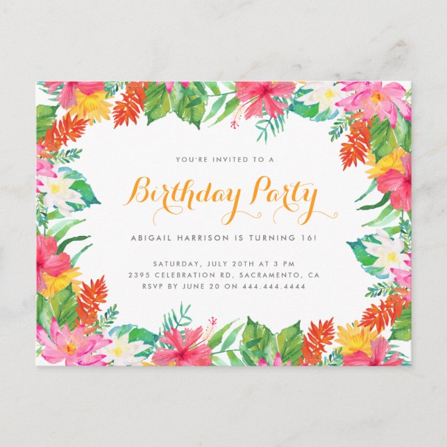 Vattenfärgen Tropical Foliage Summer Födelsedagsfe Inbjudan Vykort (Framsida)