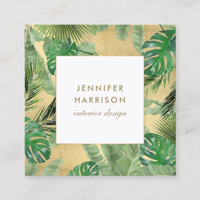 Vattenfärgen Tropical Löv Mönster på Faux Guld Fyrkantigt Visitkort (Framsida)