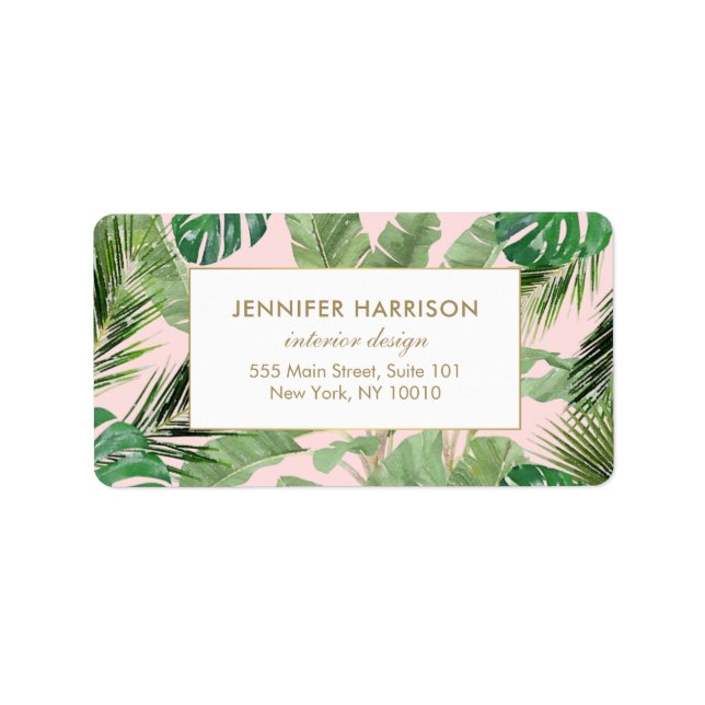 Vattenfärgen Tropical Löv Mönster på Rosa Adressetikett (Framsidan)