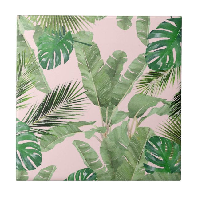 Vattenfärgen Tropical Löv Mönster på Rosa Kakelplatta (Framsidan)