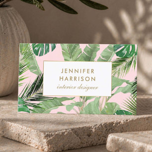 Vattenfärgen Tropical Löv Mönster på Rosa Visitkort