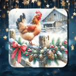 Vattenfärgen Tupp på en stängsel efter jul Fyrkantigt Klistermärke<br><div class="desc">En vattenfärgad illustration av en scen på en rustik gård med ett sött tupp på ett stängselställe på en snögig vinterdagsetikett.</div>