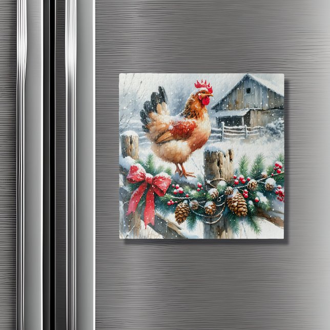 Vattenfärgen Tupp på en stängsel efter jul Magnet (Skapare uppladdad)
