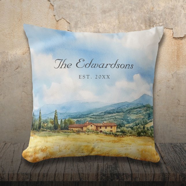 Vattenfärgen Tuscan Mediterranean Family Namn Kudde (Watercolor Tuscan Mediterranean Family Name Throw Pillow)